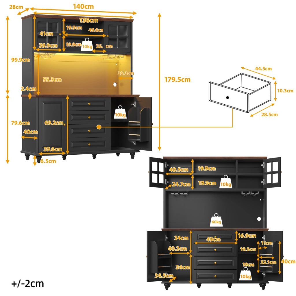 Credenza alta con LED RGB, 4 cassetti e ripiani regolabili per cucina e soggiorno, in MDF, nero, 140 × 40 × 179.5 cm