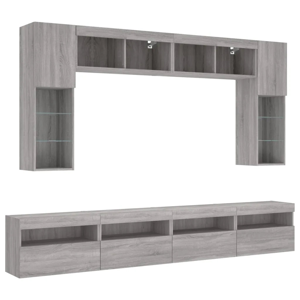 Set Mobili TV a Muro 8 pz con Luci LED Grigio Sonoma