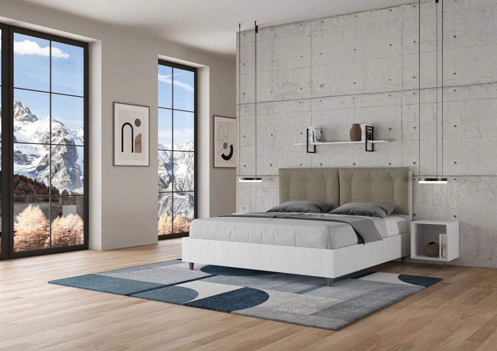 Letto Matrimoniale 160x200 cm con Rete Struttura Bianco Frassico con Cuscini in Similpelle Egos Annalisa Cappuccino