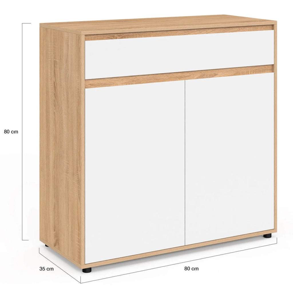 IDMarket - Mobile bagno a 2 ante TOMI con 2 cesti portabiancheria estraibili e 1 cassetto, finitura faggio e bianco