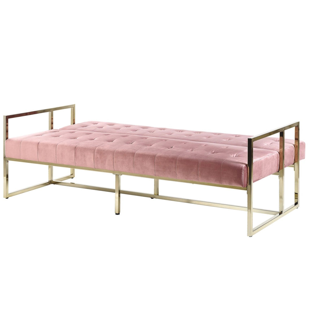 Divano letto con struttura in metallo dorato trapuntato in velluto rosa tappezzeria in stile retrò soggiorno