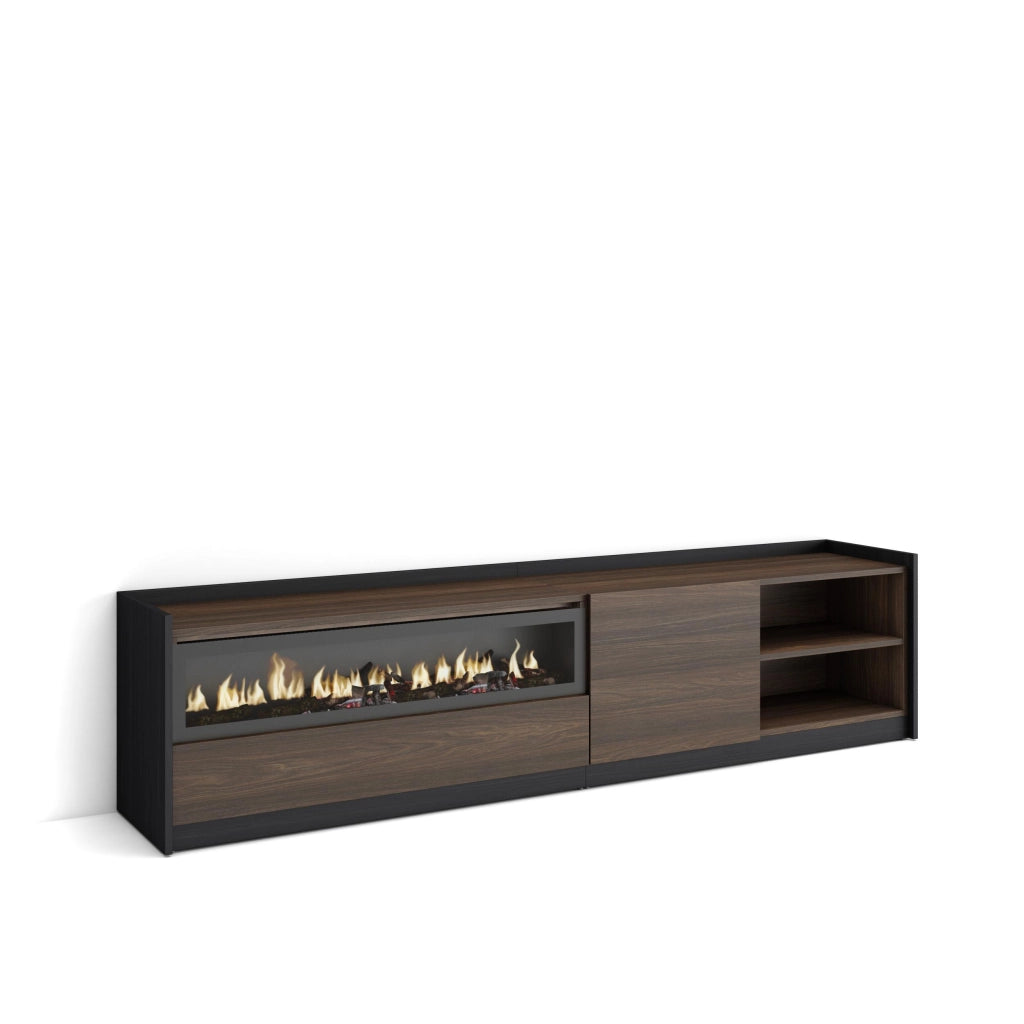 Mobile TV Soggiorno, 207x50x37 cm, Per TV fino a 80", Camino elettrico, Rovere scuro e Nero