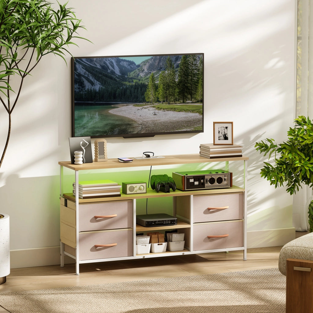 Mobile TV con luci LED e prese USB ¨C zephmum ¨C beige e bianco 120x30x67,5 cm