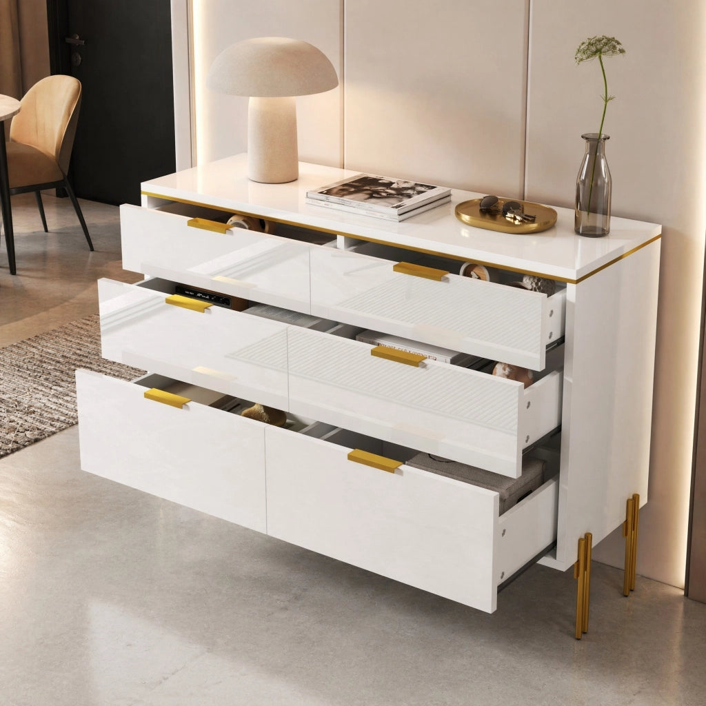 Credenza moderna 120 cm bianca e oro con 6 cassetti
