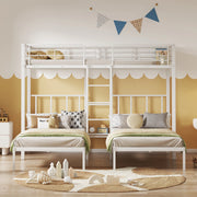 OKWISH Letto a Castello 90×200 cm, Letto 3 Posti con Scala, Sponde di Sicurezza e Tavolo, senza Materasso, in Metallo, Bianco