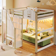 Letto a castello 140x200 cm con LED, scala contenitore e spazio privato