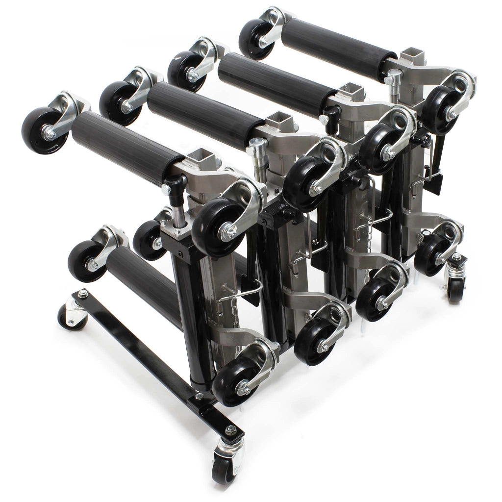 Set con supporto per 4x carrelli sposta auto e 4x carrelli di ausilio alla manovra con cric idraulico per max 680kg l'uno e gomme fino a 30cm