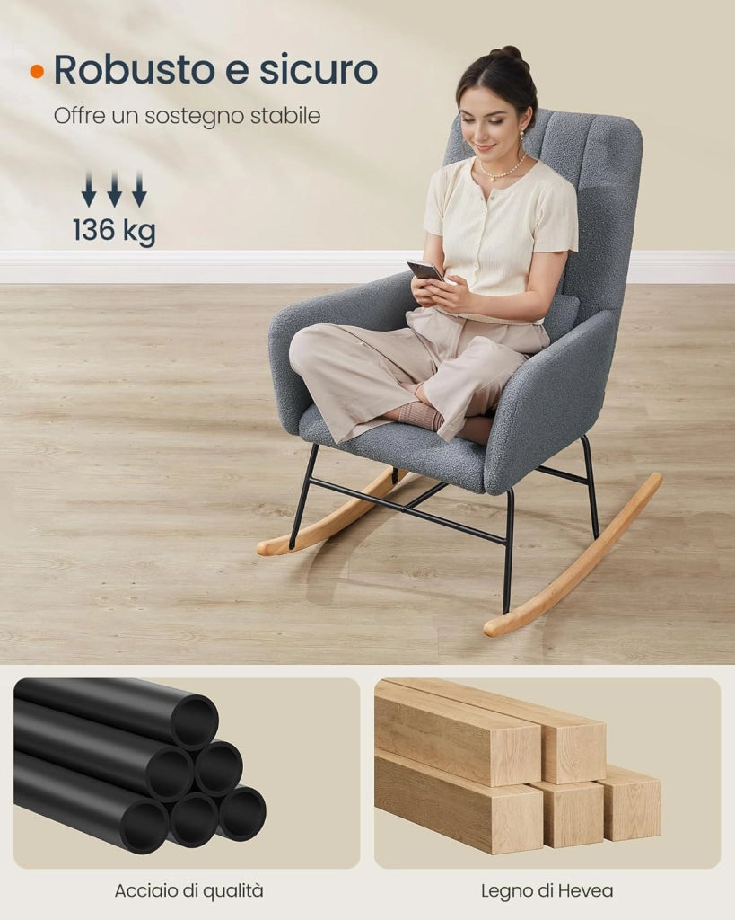Sedia a Dondolo, con Braccioli, Poltrona a Dondolo, Rivestimento in Peluche, Struttura in Acciaio, Piedi in Legno, Portata 160 kg, Camera da Letto Salotto, Grigio Ardesia LYY500G01