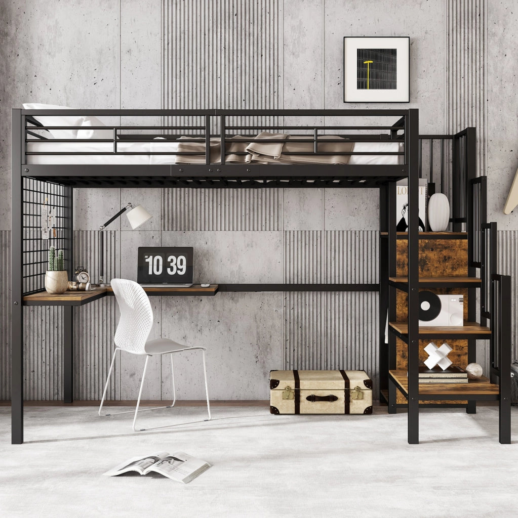 Letto a soppalco 90x200 cm con armadio integrato e scala laterale; MDF e metallo; nero noce scuro