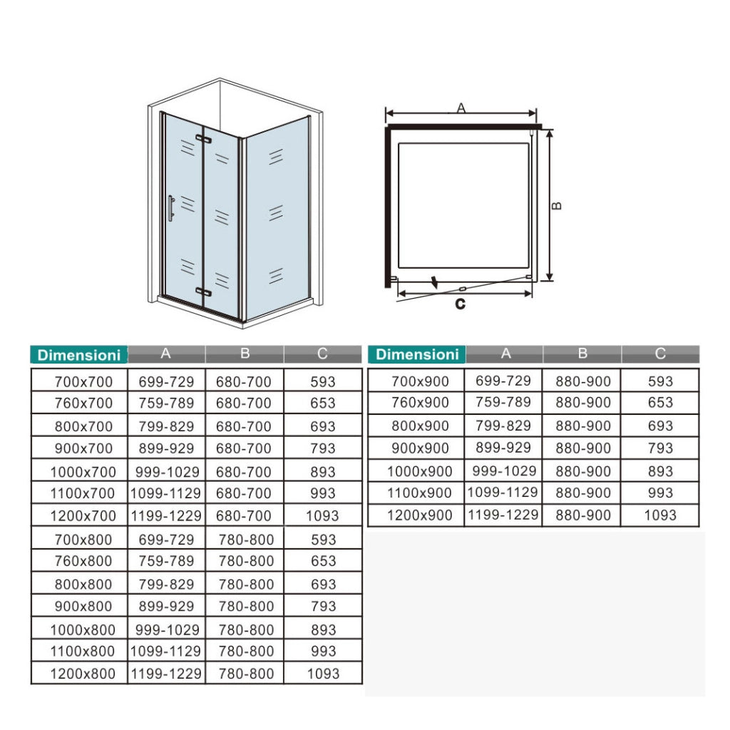 185 cm Box Doccia Angolare Porta Battente Pieghevole 90 cm Parete Fissa 90 cm Vetro da 6 mm Temperato Anticalcare Barra Stabilizzatrice 45 cm Cromo Lucido