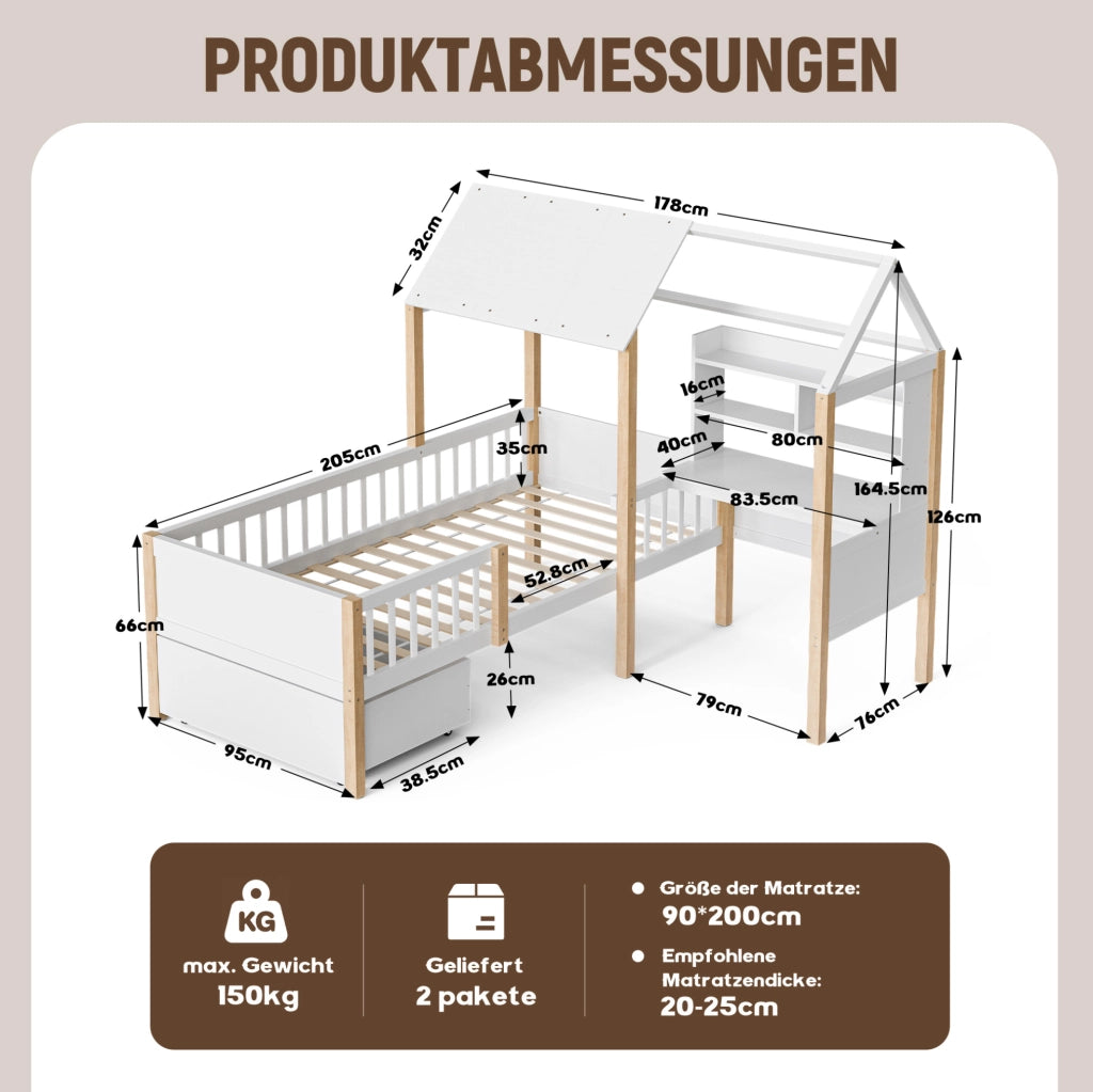 Letto per bambini 90x200 con scrivania, libreria e cassetti per ottimizzare al meglio lo spazio