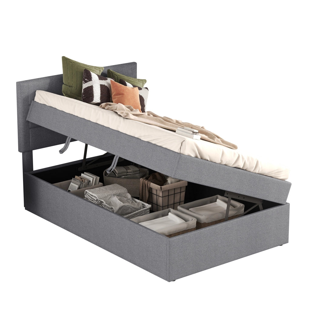 Letto singolo imbottito 90x200 cm con contenitore; in lino e MDF; grigio