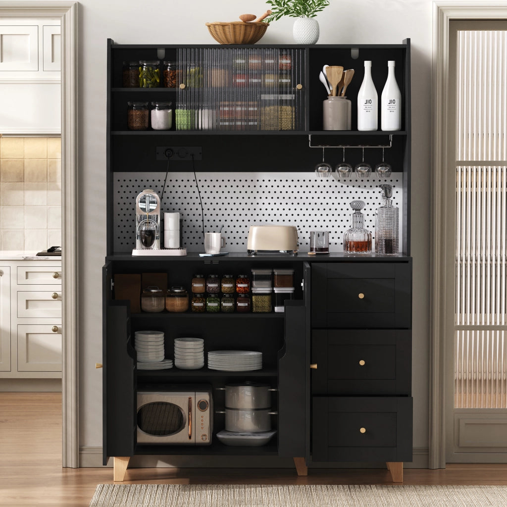 Credenza alta da cucina con 2 ante; 3 cassetti; ripiani regolabili; prese e portabicchieri; in MDF; 120 x 40 x 184 cm; nero