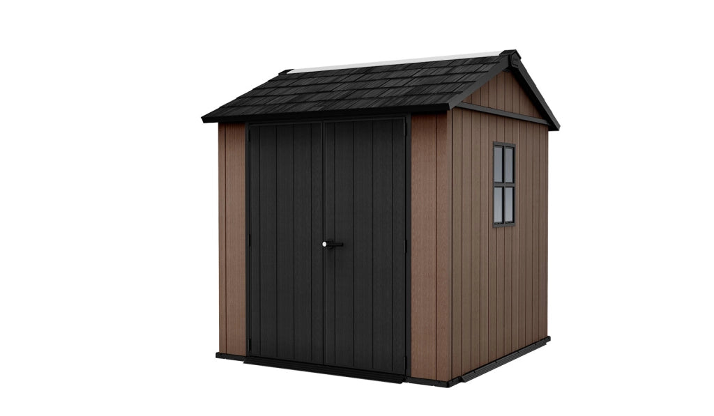 Casetta Box da Giardino 230x223,8x246 cm Newton Plus 757/775 Doppia Opzione Montaggio in Resina Evotech+ Marrone