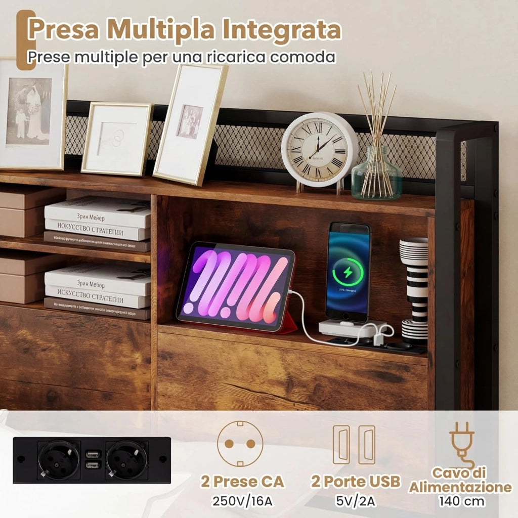 Struttura Letto con Testiera, Letto con 4 Cassetti e Doghe Robuste in Metallo, Letto a Piattaforma con Prese, Silenzioso, Carico Massimo 300kg (160 x 200 cm)