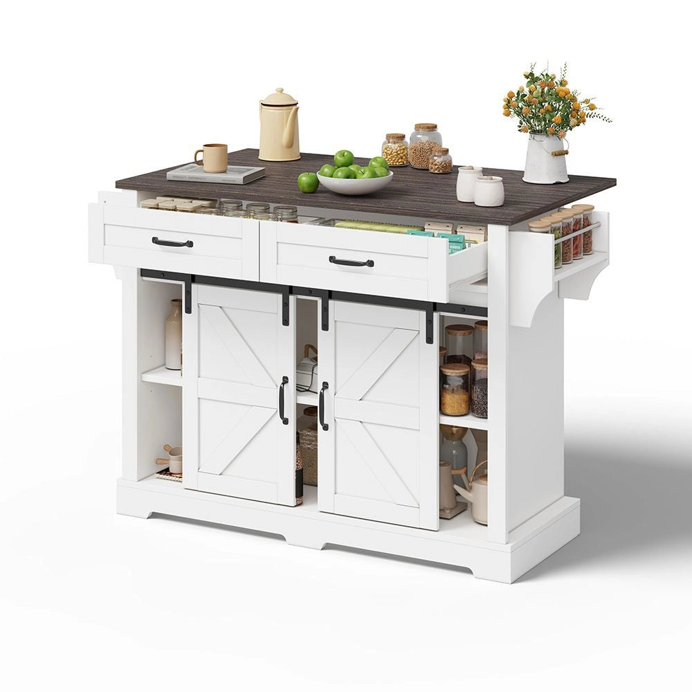Isola cucina con piano ribaltabile - Xylo - 120¡Á45(70)¡Á91 cm - Bianco - Carrello con ruote, 2 ante scorrevoli, 2 cassetti