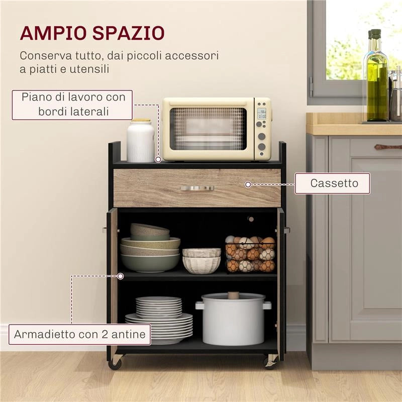 CARRELLO DA CUCINA CON CASSETTO, ARMADIETTO E 4 RUOTE IN LEGNO, 60X40X77CM, NERO