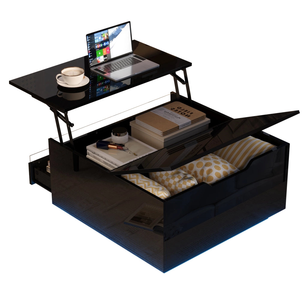 Tavolino basso quadrato con piano sollevabile, LED da app, 1 cassetto e vano contenitore, nero 70 × 70 × 38 cm