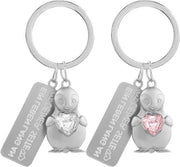 Set di 2 maniglie per chiavi con forma di pinguino - Portafortuna con cuore - Disegno "Un'intera vita con te" - Decorazione con animali amici - Regalo per coppia - Amica - Rosa + Translucido