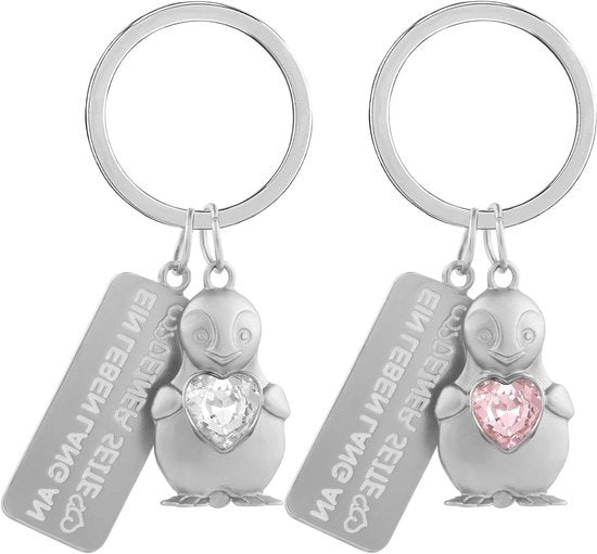 Set di 2 maniglie per chiavi con forma di pinguino - Portafortuna con cuore - Disegno "Un'intera vita con te" - Decorazione con animali amici - Regalo per coppia - Amica - Rosa + Translucido