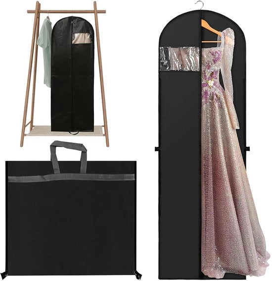 Sacchetto da abbigliamento, lungo, 180 x 60 cm, con maniglie pieghevoli, sacchetto per abiti da sposa, sacchetto da abbigliamento, pieghevole, respirante, confezione per abiti da sposa, abiti da sera, nero