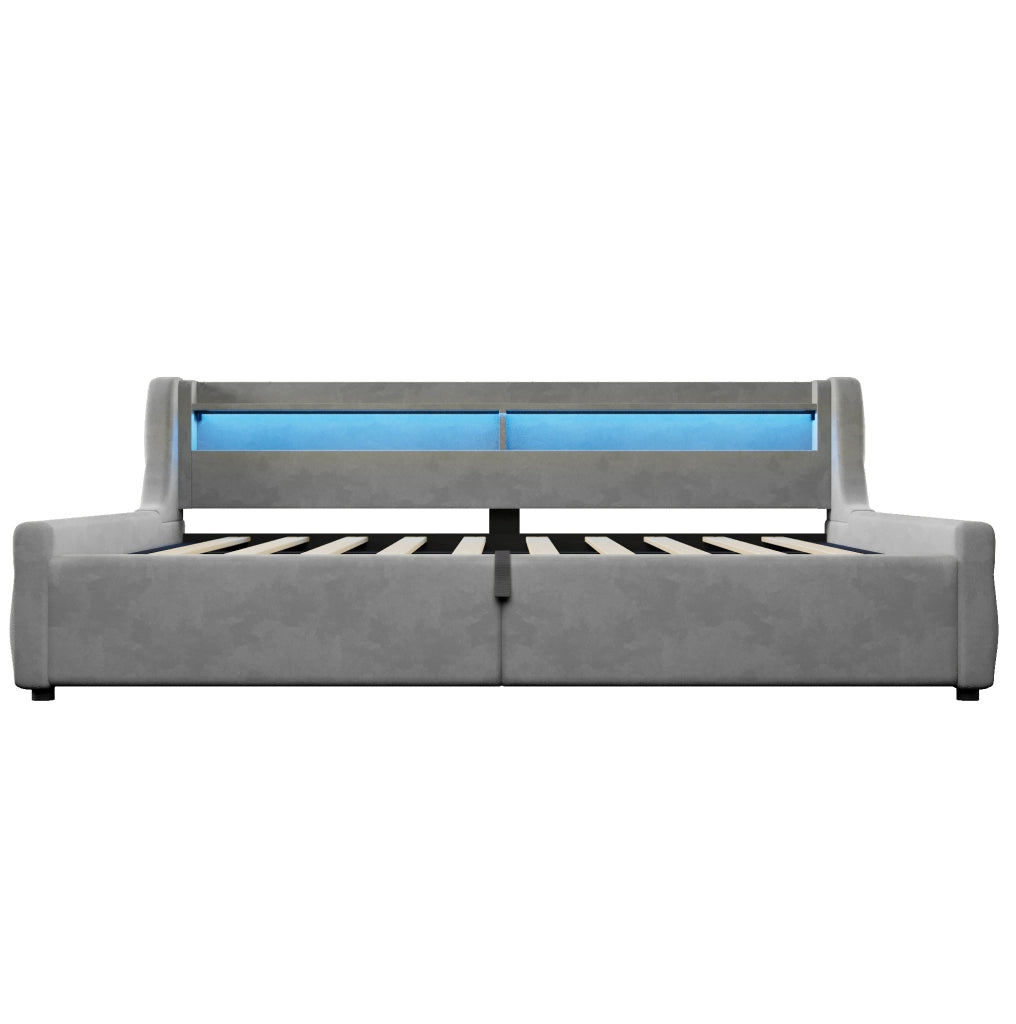 Letto imbottito 140x200 cm con contenitore e LED in flanella grigio