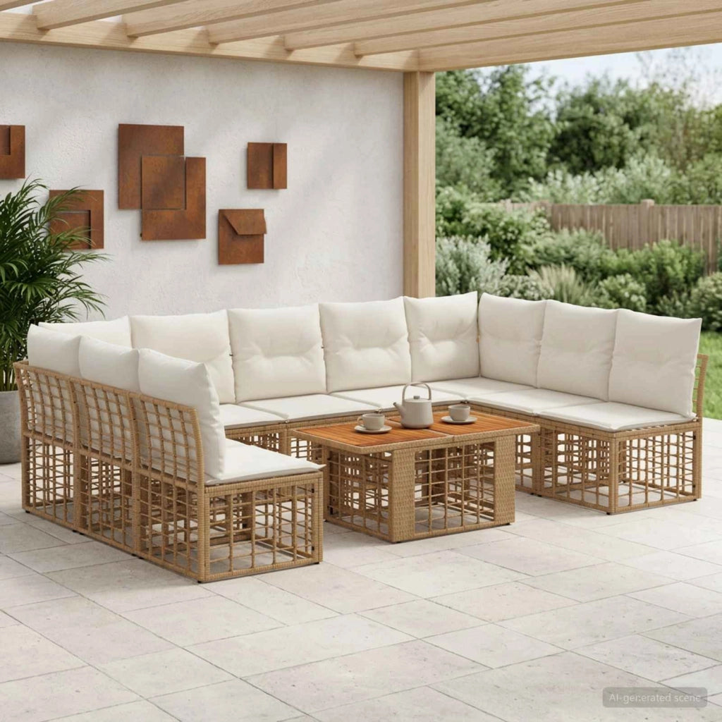Set Divano da Giardino 10 pz Naturale e Bianco Crema polyrattan 3437898