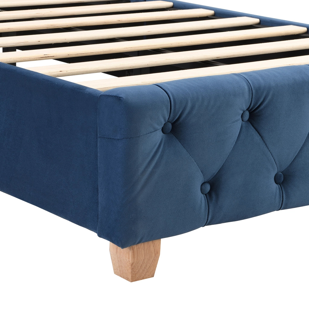 Letto Singolo 90 x 200 cm; 1 Posto con Testiera Imbottita e Piedi in Legno; senza Materasso; Velluto Blu