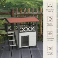 Casetta per Gatti da Esterno con Terrazza e Scaletta in Legno, 77x50x73cm, Bianco e Grigio
