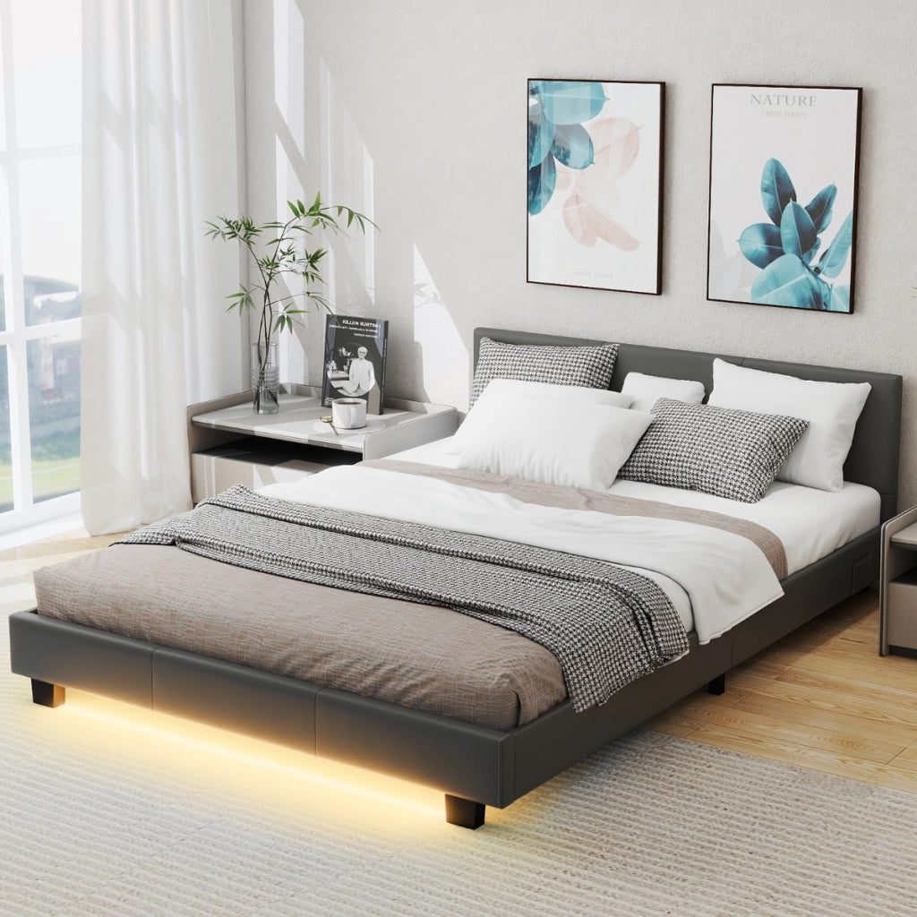 Struttura moderna per letto matrimoniale con telecomando-Letto a piattaforma imbottito supporto a listoni Grigio