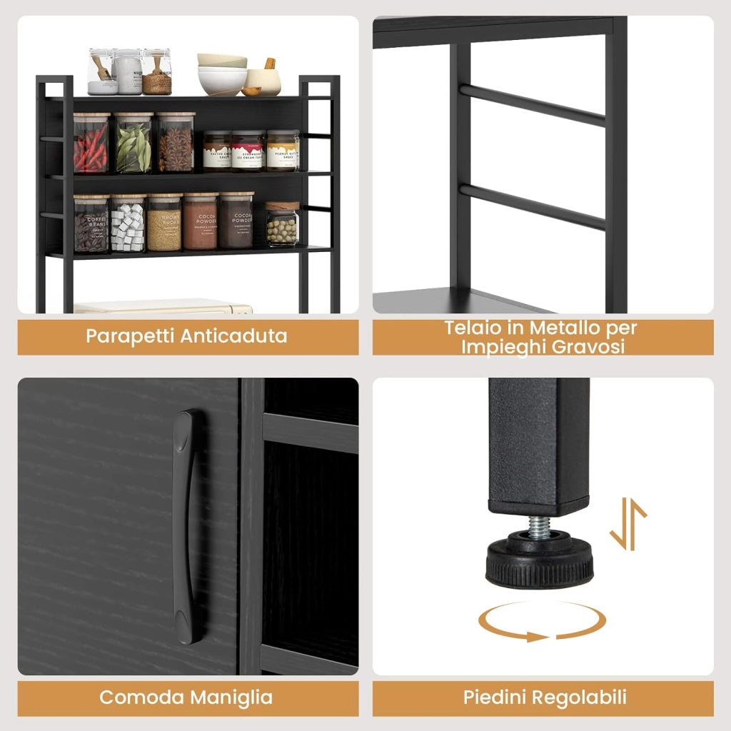 Scaffale da Cucina con Multipresa, Scaffale per Microonde su 5 Ripiani, Mensola da Cucina con 4 Ganci e 9 Portabottiglie di Vino per Sala Pranzo, 107 x 37 x 160 cm (Nero)