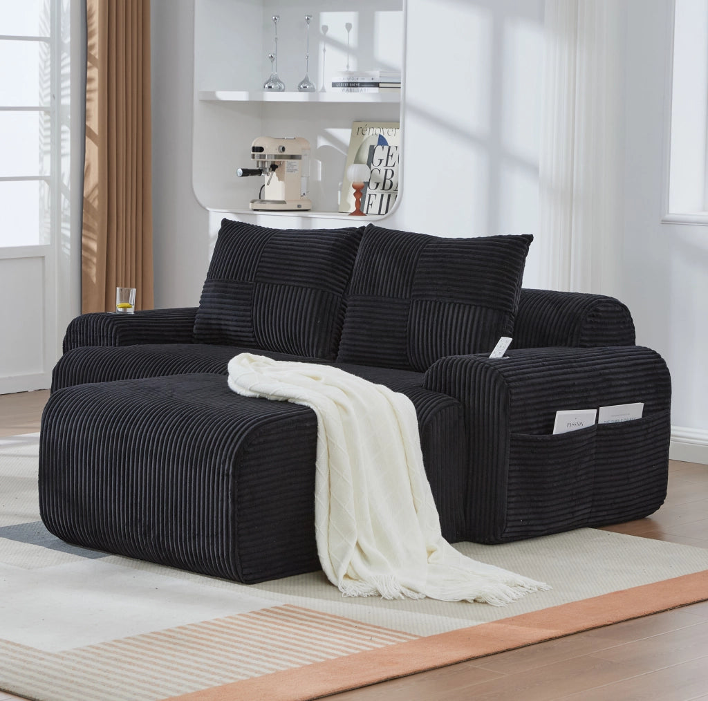 Divano modulare a 2 posti in corduroy nero con portabicchieri e tasca laterale; 200x174x80 cm