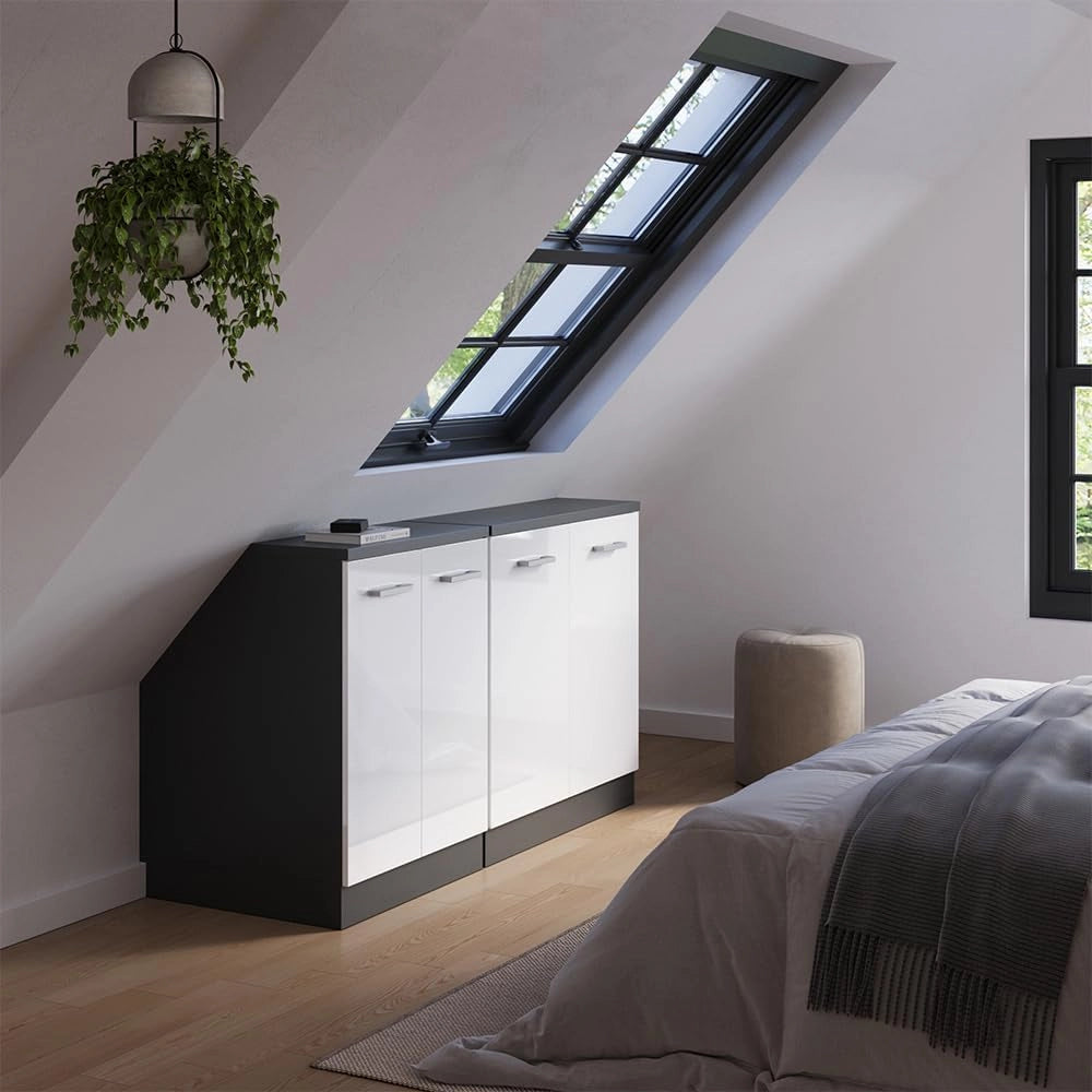 Set di mobili sottotetto Rion, Bianco lucido, 140 cm Set di 2 carcasse armadio profondità 60 cm, adatto per il salvaspazio sotto tetti spioventi