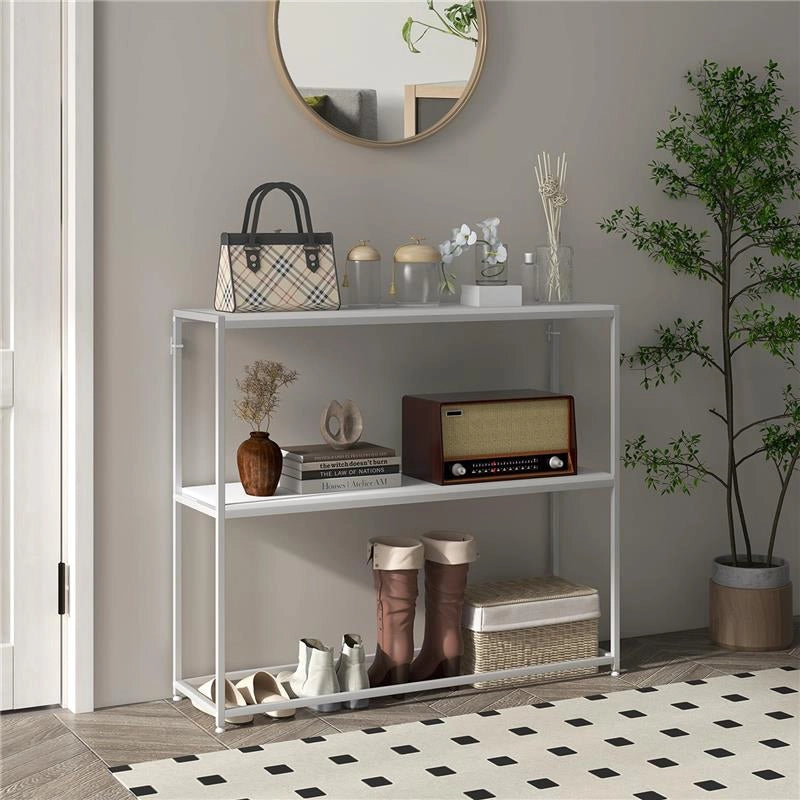 TAVOLO CONSOLLE DA INGRESSO CON RIPIANO APERTO, IN ACCIAIO E TRUCIOLATO, 100X30X87 CM, BIANCO
