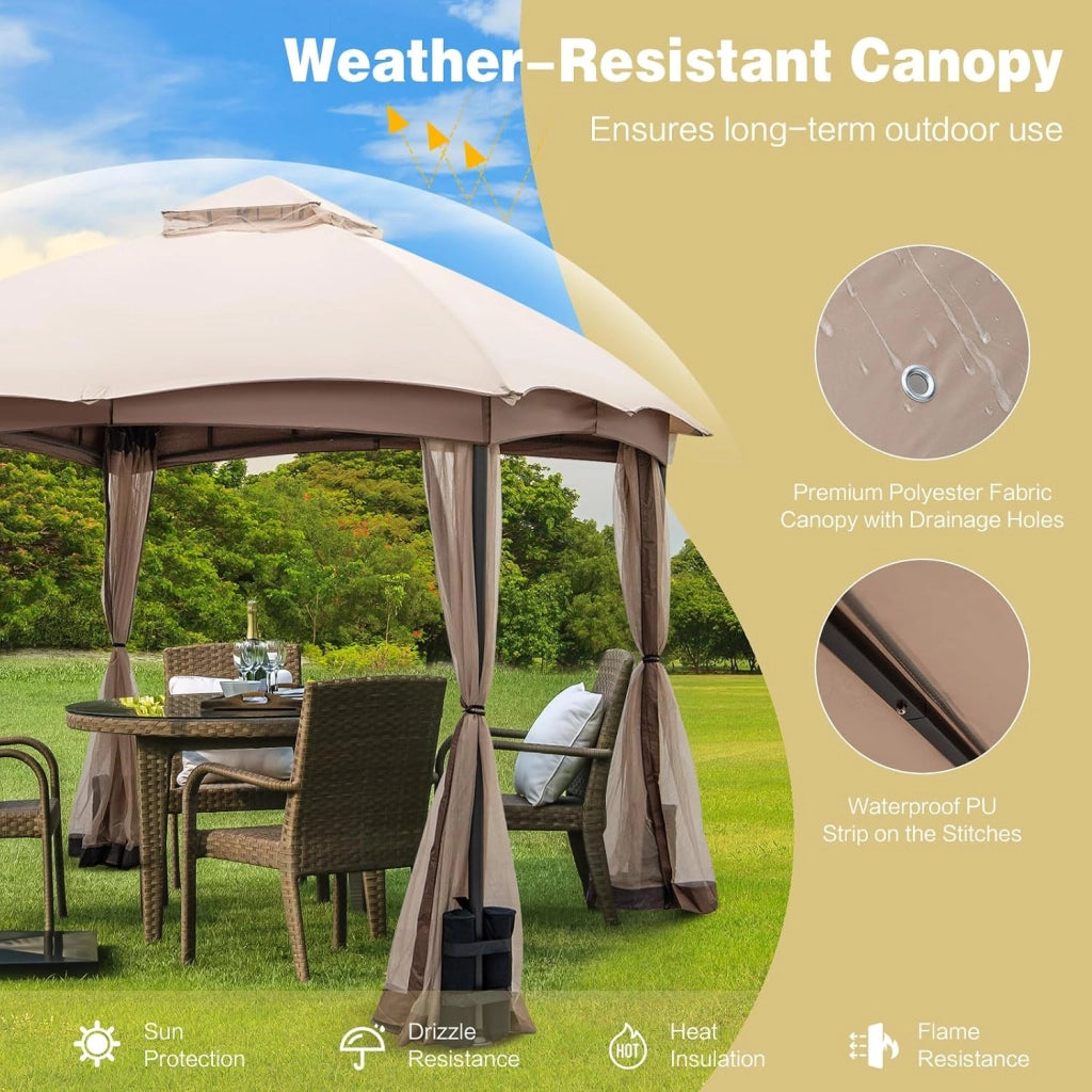 Gazebo per Esterno 3 x 3 m in Tessuto in Poliestere Resistente a Sole e Pioggia, Tendone a Tetto con Rete e Sacchi di Sabbia, Tendone a Tetto per Feste e Campeggio da Giardino, Balcone Cachi