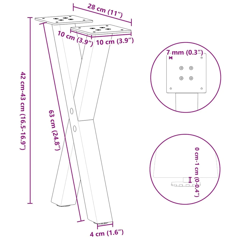 Set di 2 gambe per tavolino da caffè a forma di X 28 x 43 cm con piedini regolabili design moderno acciaio naturale 02_0057166