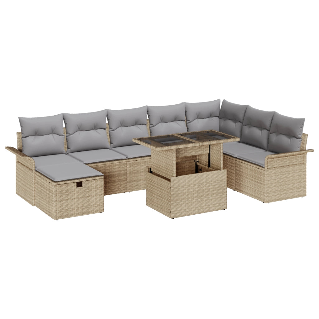 Set Divano da Giardino 9 Pezzi con Cuscini Beige Polyrattan