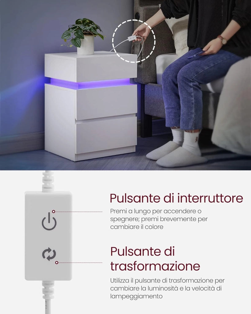 VASAGLE KAILYN Collezione - Comodino con Striscia Luminosa di Luci a LED Multicolore Variabile, 3 Cassetti, Tavolino in Stile Moderno, 35 x 40 x 55 cm, Bianco LET630T10