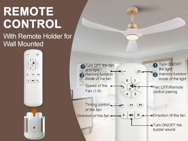 Ventilatore da soffitto bianco-oro 52 pollici con luce e telecomando, funzione memoria, motore DC silenzioso reversibile, 3 pale ABS