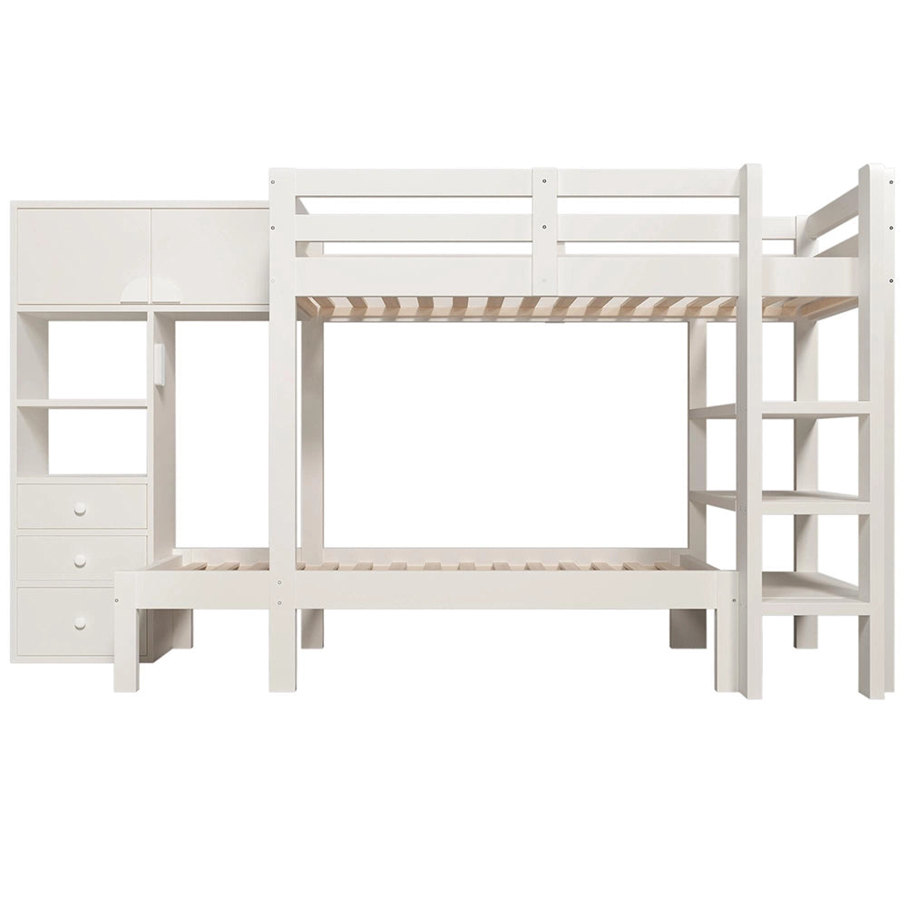 Letto a castello-Xylo-90x200cm, luce notturna, armadio, scaffale, bianco