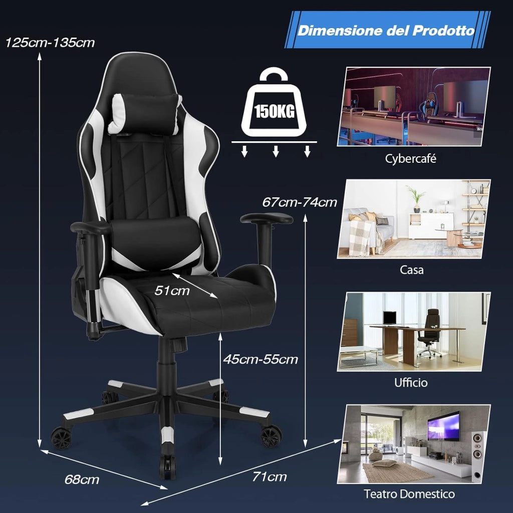 Sedia da Gaming Girevole a 360°, Sedia Ergonomica per Computer per Gaming con Poggiatesta e Cuscino Lombare, Angolo Reclinabile Regolabile (Bianco)