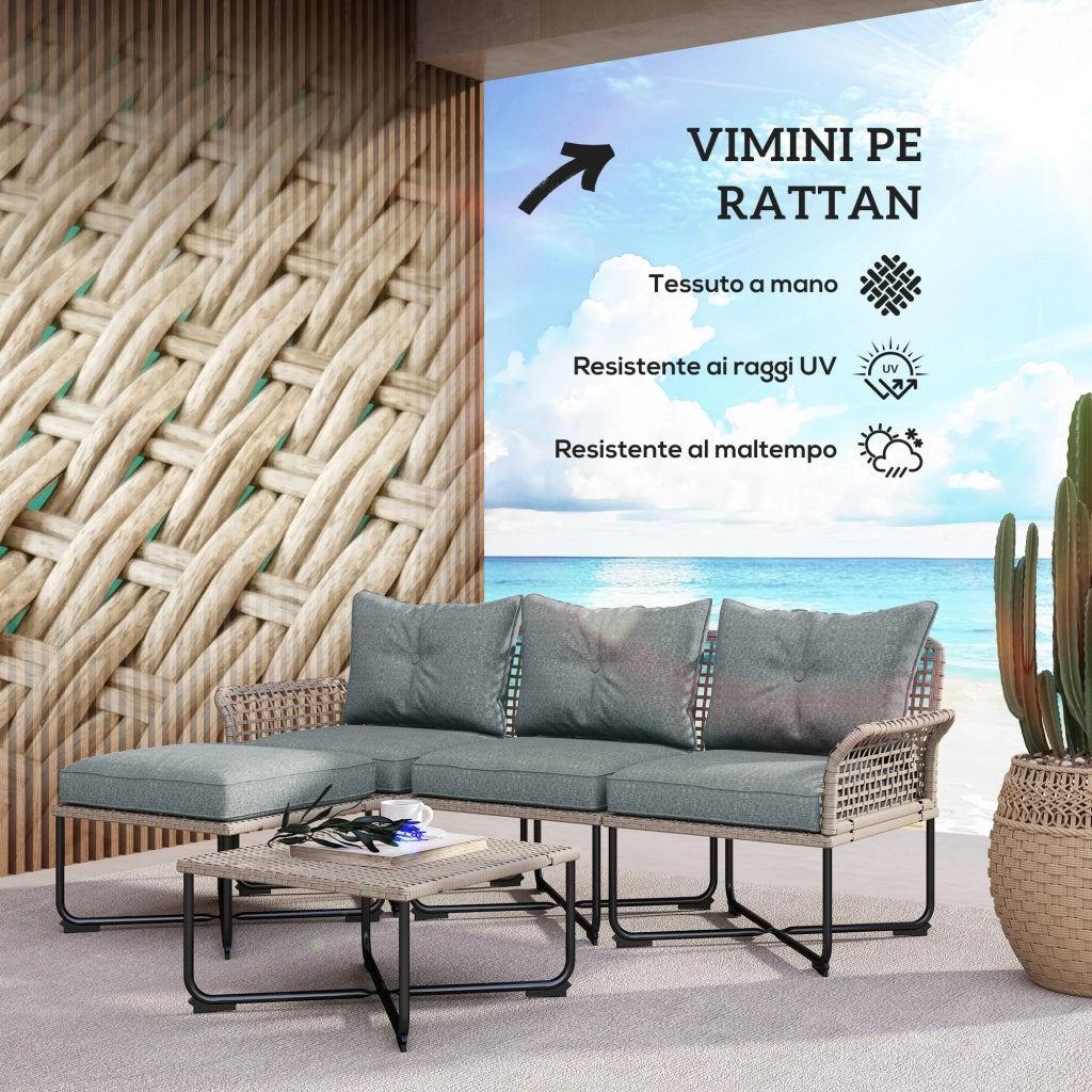 Set da Giardino 5 Pezzi in Rattan con 2 Sedie Laterali, Sedia Centrale e 2 Sgabelli/Tavolini da Caff¨¨
