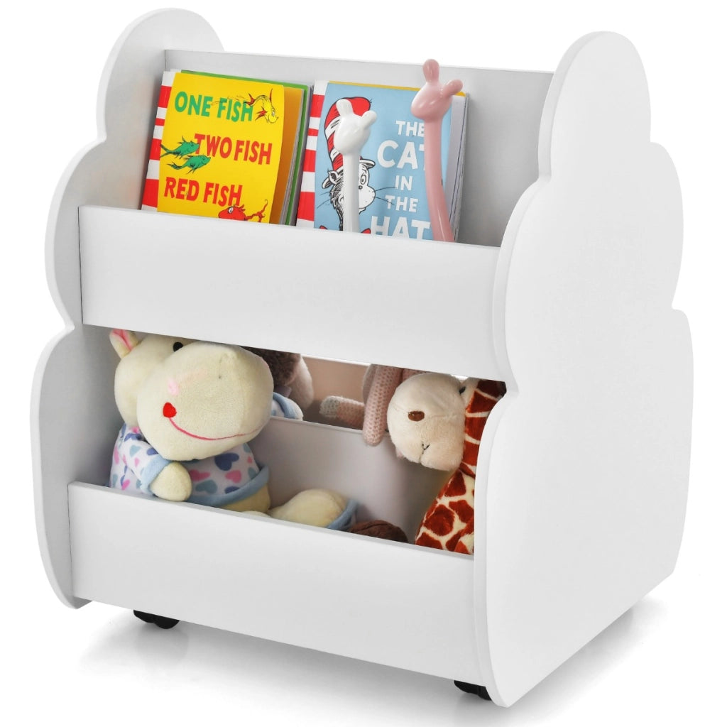 Libreria per bambini a 2 livelli con ruote aspetto adorabile e angoli arrotondati, Libreria bimbi spaziosa Bianco-Scaffalature