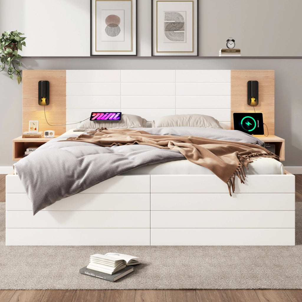 Letto matrimoniale 180x200 cm con LED lettura USB e cassetti