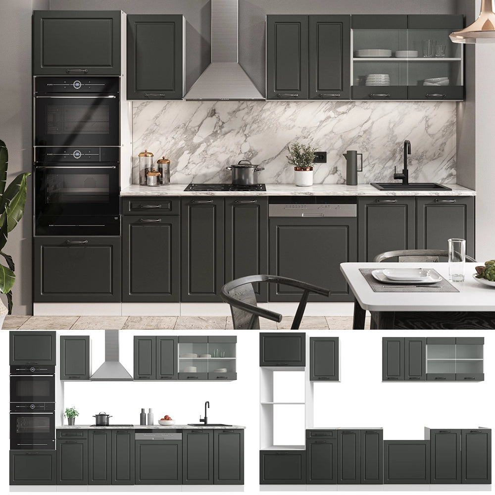 Vicco Cucina componibile Antracite casa di campagna/bianco 300 cm con armadio alto, PL Rovere