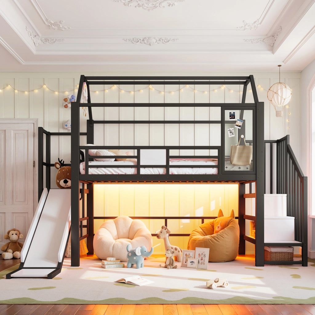 Letto a soppalco a casetta 90 x 200 cm in metallo nero con scivolo e LED