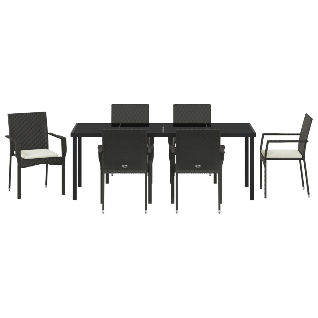 Set da Pranzo da Giardino 7 Pezzi con Cuscini Nero Polyrattan