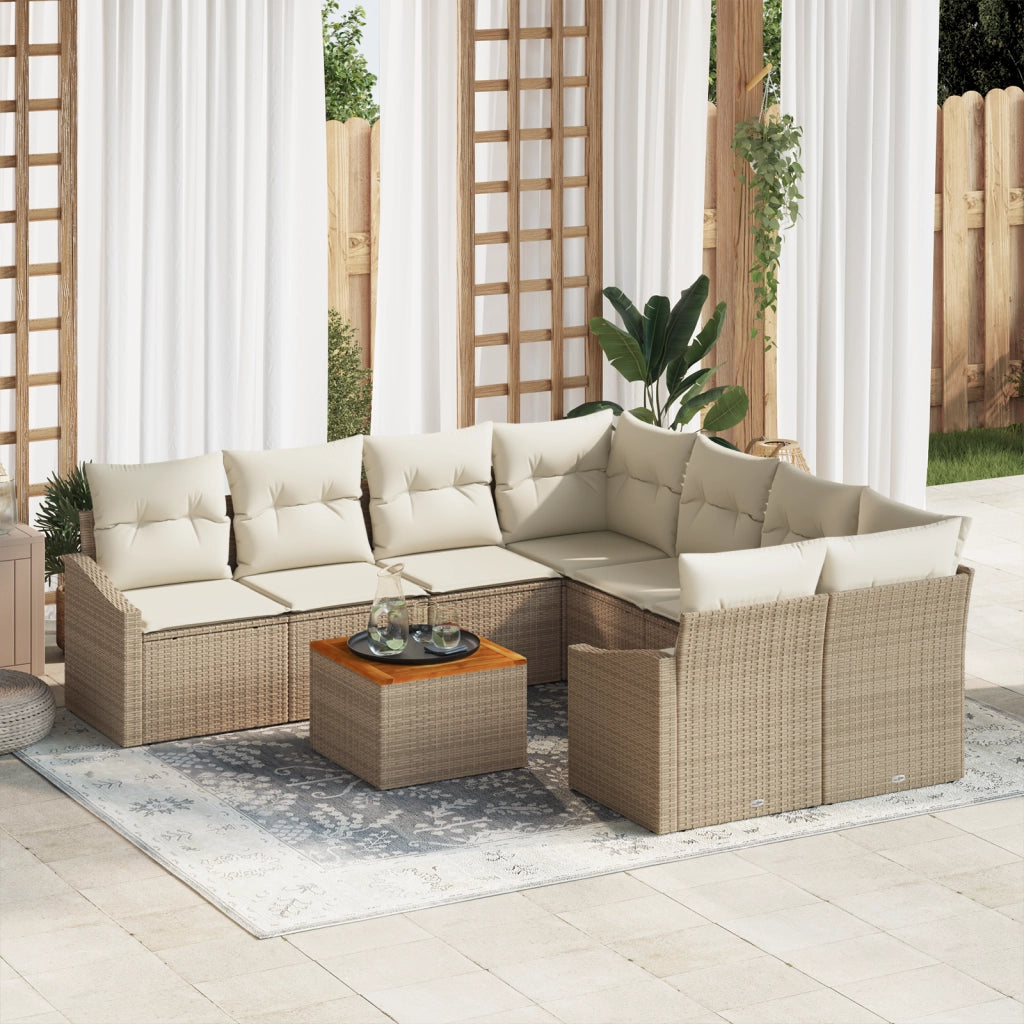 Set di divani da giardino da 9 pezzi con cuscini beige in polyrattan e acacia