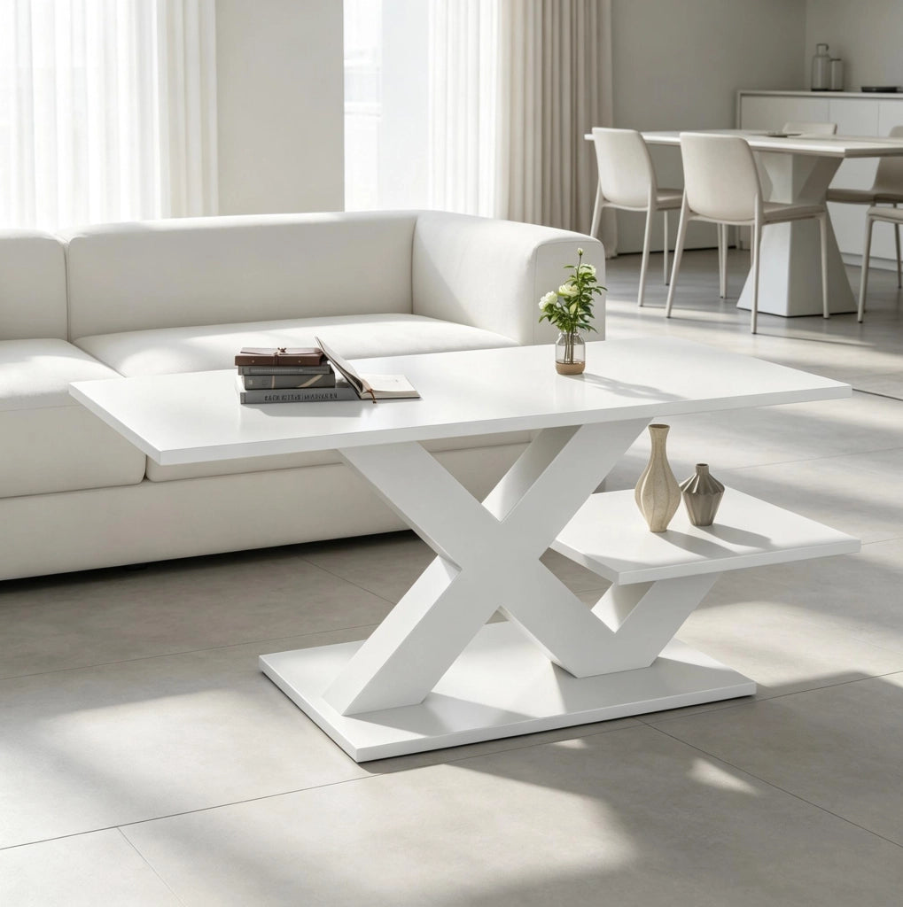 Tavolino da caffè rettangolare bianco lucido 100x48x45 cm in MDF con doppio ripiano