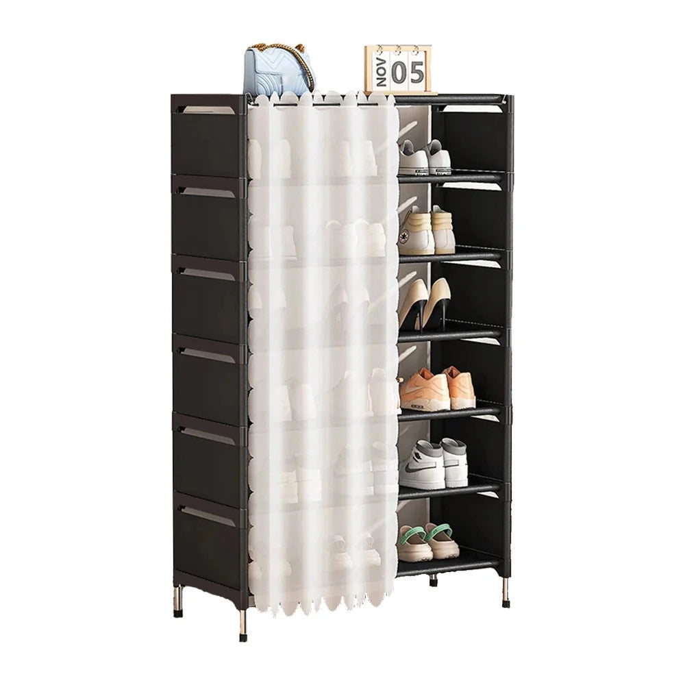 Trade Shop - Scarpiera Salvaspazio A 7 Ripiani Con Tenda Copripolvere Installazione Semplice Ripostigli -